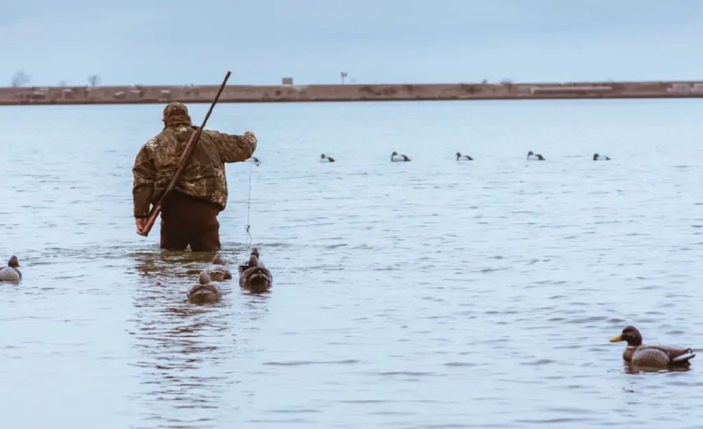 A person in camouflage waders stands in shallow water, holding a shotgun and arranging decoy ducks, with real ducks or decoys floating in the background on a cloudy day.