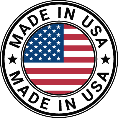 A "made in the usa" badge with an American flag in the middle.